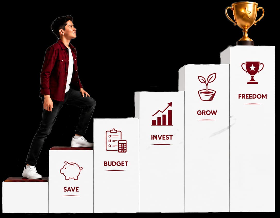Student climbing steps from Save to Freedom — financial literacy with Oratrics