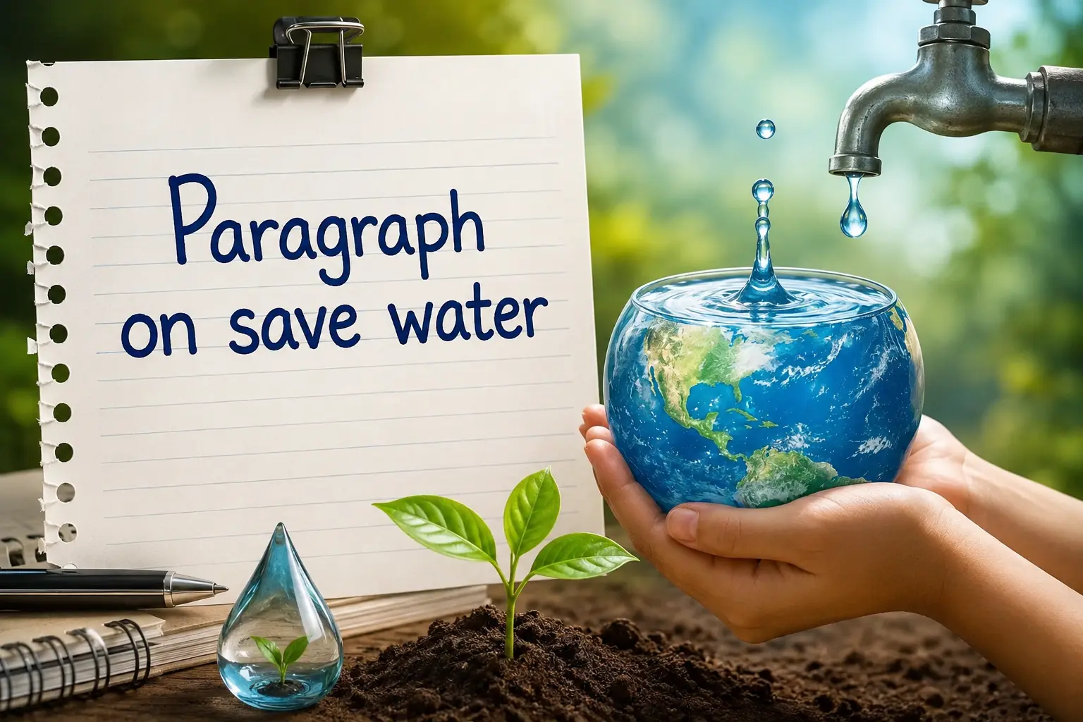 paragraph on save water featuring hands holding the Earth filled with water, a dripping tap, a growing plant : Oratrics