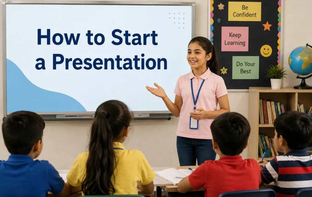 Young student presenting in a classroom while classmates listen, with a screen displaying “How to Start a Presentation” and colorful school decor.