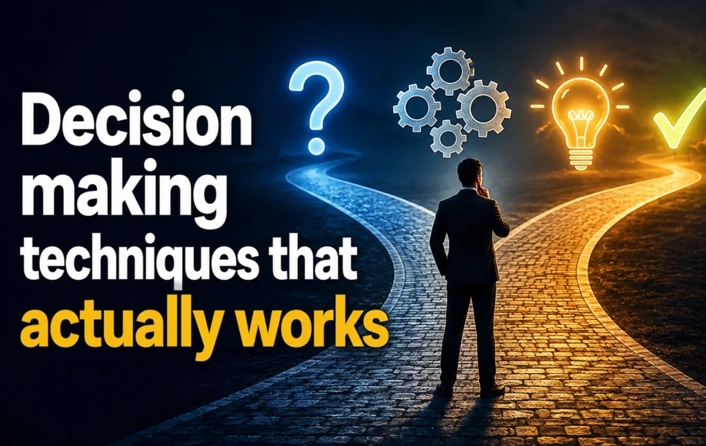 Decision-making techniques banner showing a professional choosing between two paths, with a question mark, gears, lightbulb, and check mark.