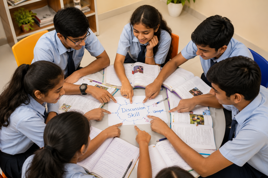 Indian school students collaborating around a table, practicing language and communication skills through discussion, listening, and teamwork.