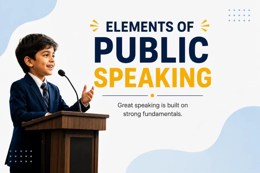 Elements of public speaking featuring a confident child speaking at a podium.