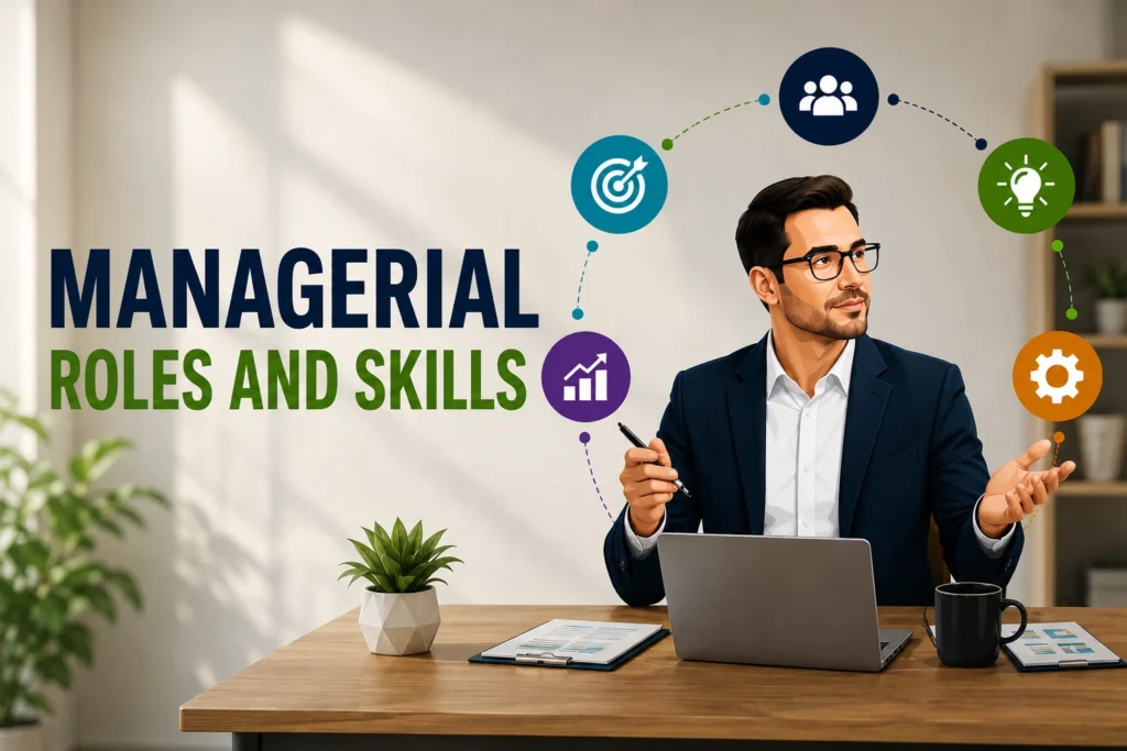 Managerial roles and skills illustrated with a professional manager working in a modern office.