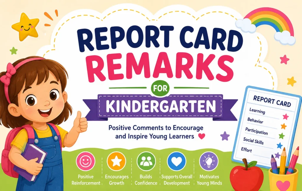 Report card remarks for kindergarten with positive comments for young learners.