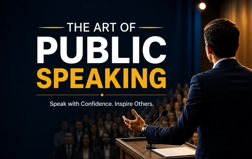 The art of public speaking featuring a confident speaker addressing an audience on a professional stage.