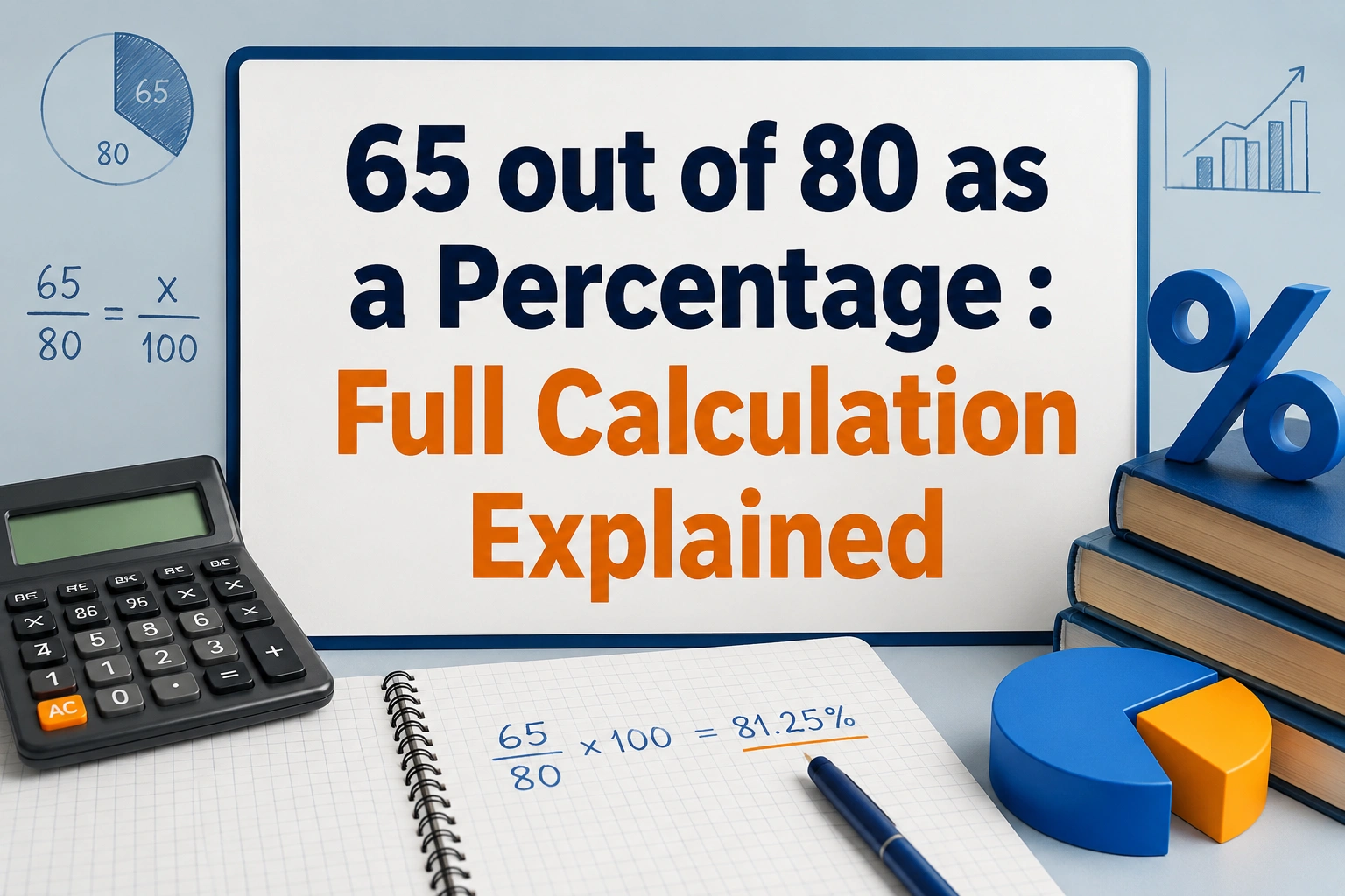 65 out of 80 as a percentage explained with a simple calculation, showing 81.25% as the final answer - Oratrics