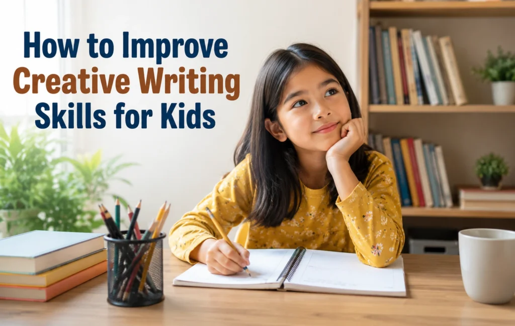 Child writing creatively in a notebook at a cozy study desk, with books and stationery around her, illustrating creative writing skills for kids.