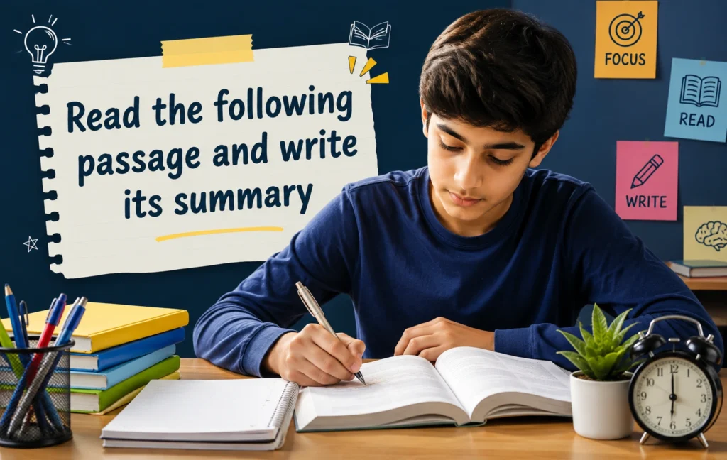 A Class 6 to 10 student reading a passage and writing its summary in a notebook at a study desk surrounded by books and stationery - Oratrics
