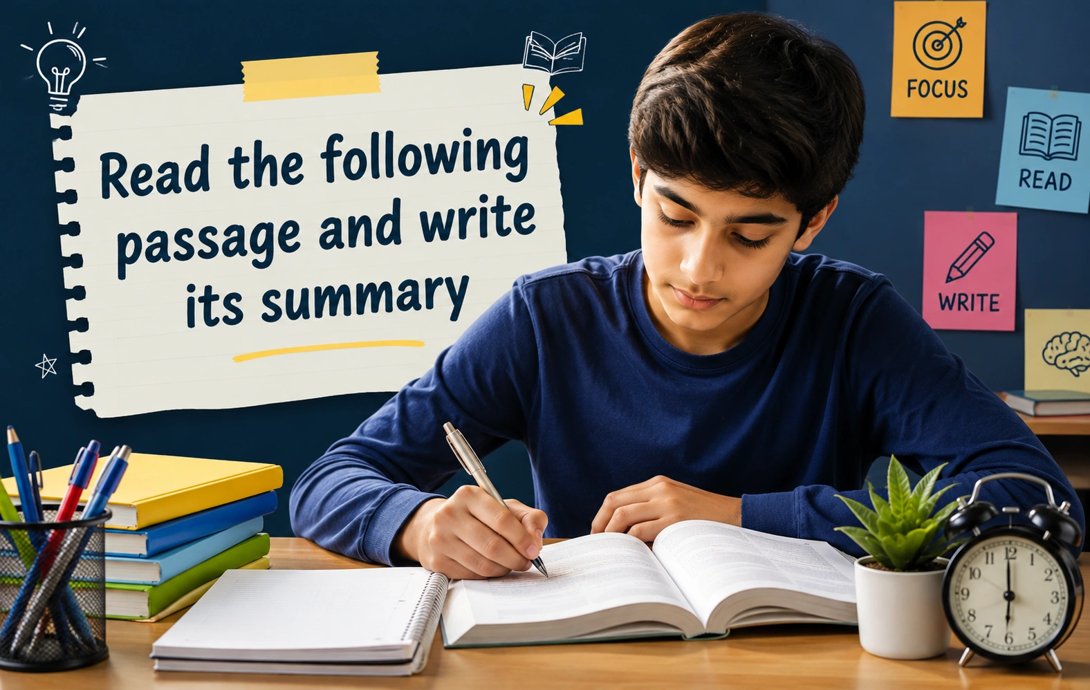 A Class 6 to 10 student reading a passage and writing its summary in a notebook at a study desk surrounded by books and stationery - Oratrics