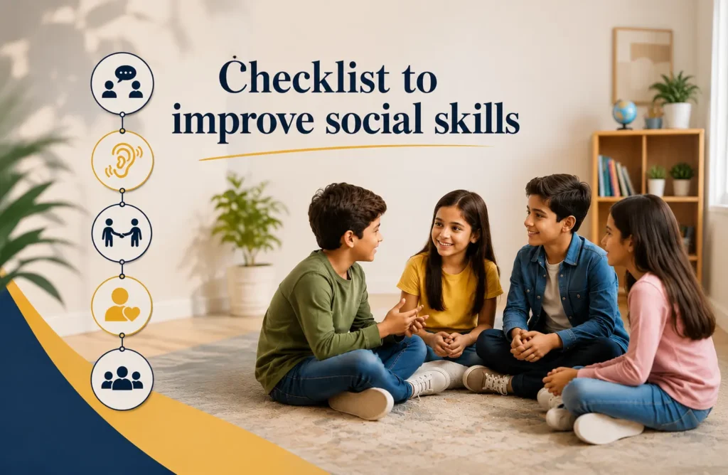 Social skills improvement checklist with children learning communication and teamwork skills.