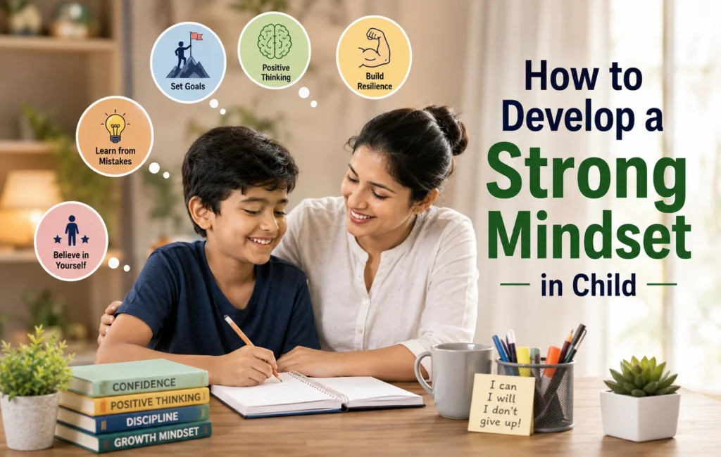 Mother helping her child develop a strong mindset while studying, with visual icons representing positive thinking, resilience, goal setting, learning from mistakes, and self-belief.