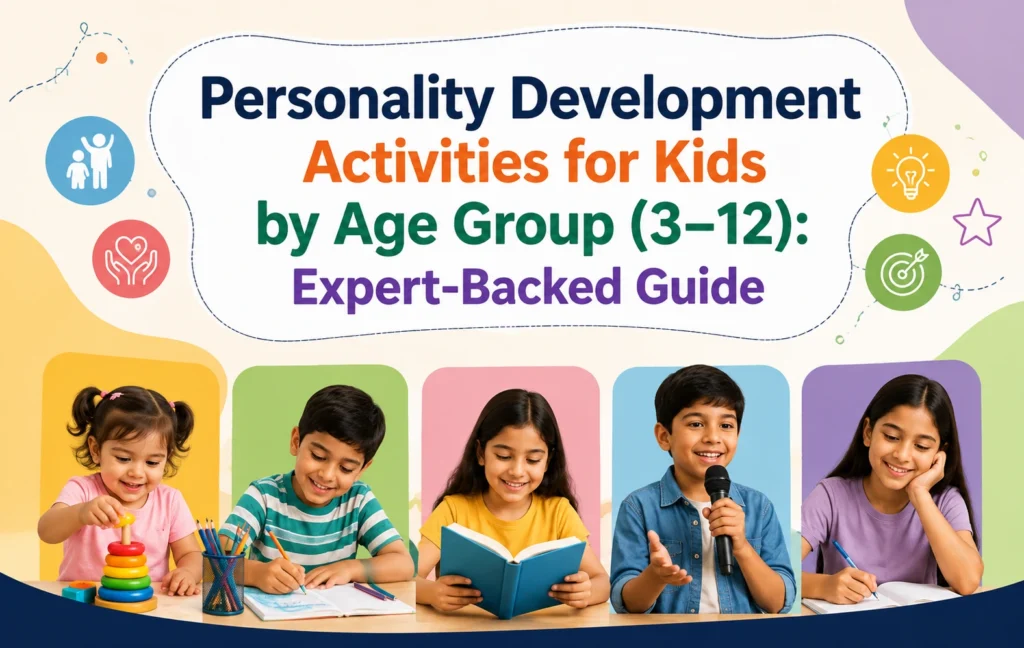 Personality development activities for kids by age group 3–12 with children learning, reading, writing, and speaking