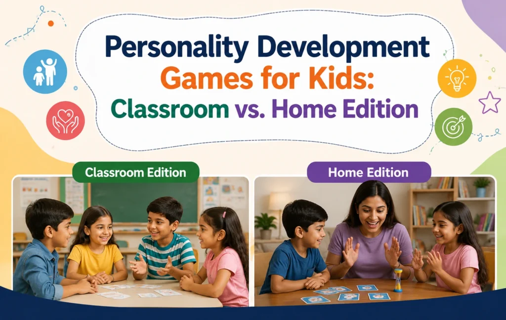 Personality development games for kids featuring children playing interactive learning games in a classroom and at home with a parent.