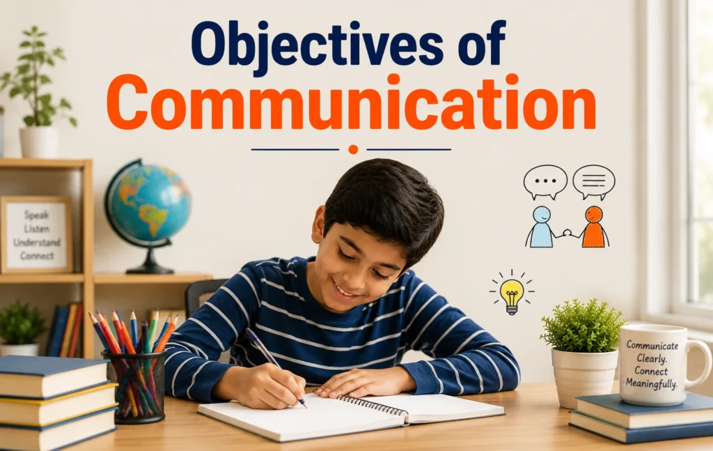 Objectives of communication infographic showing key purposes such as informing, persuading, building relationships, expressing ideas, and achieving goals.