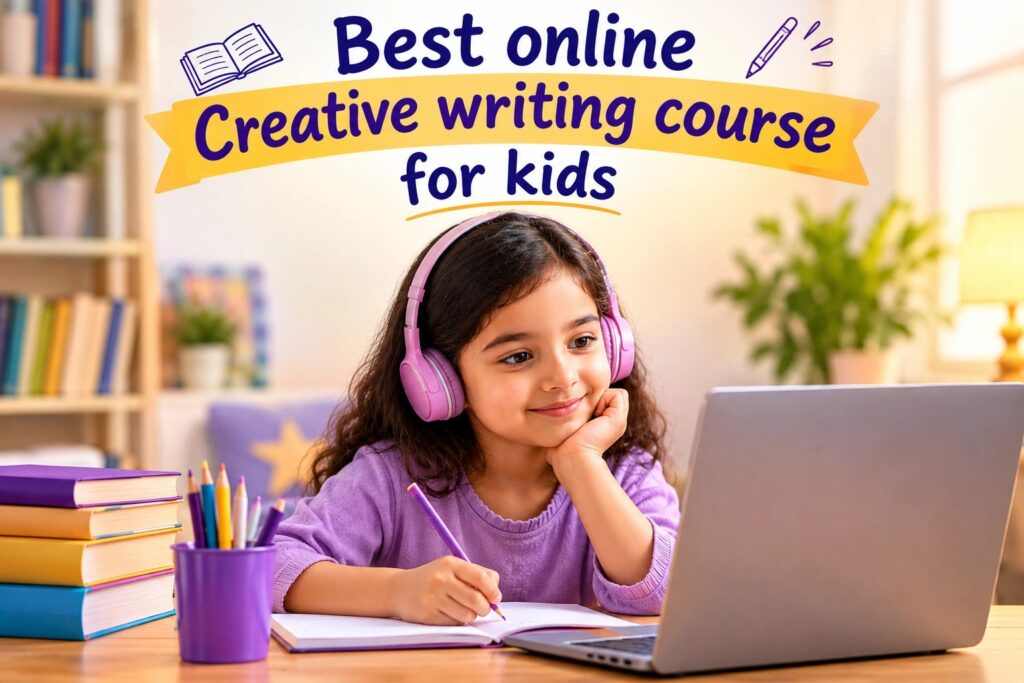 Creative writing course for kids featuring a child writing in a notebook.