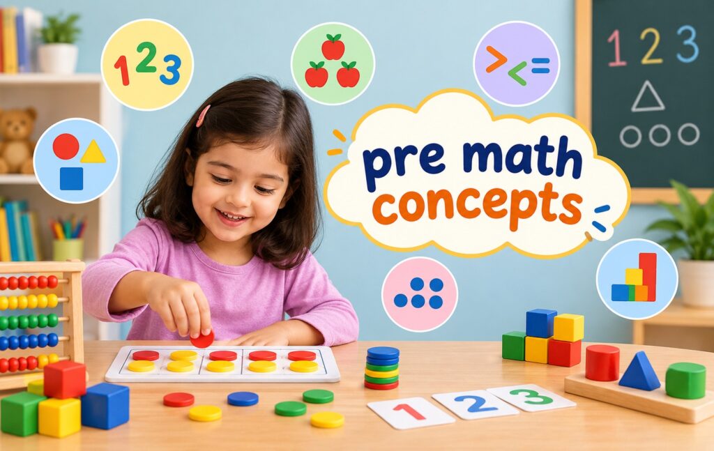 Pre math concepts poster featuring colorful shapes, counting objects, patterns, comparisons, and basic math activities for young learners.
