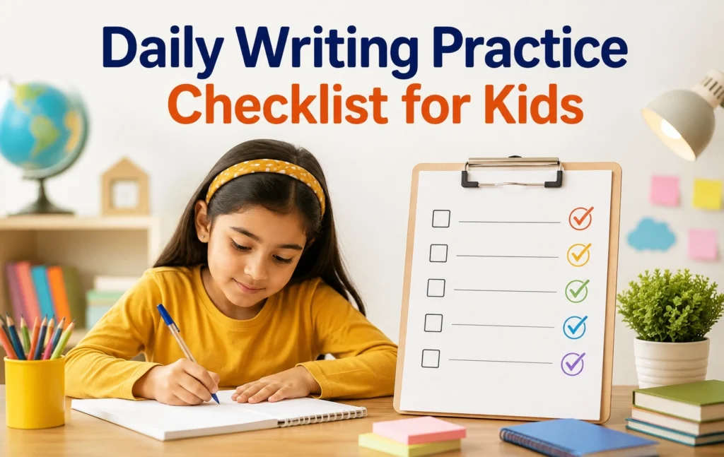 Daily writing practice checklist for kids with a child writing in a notebook and a colorful checklist.