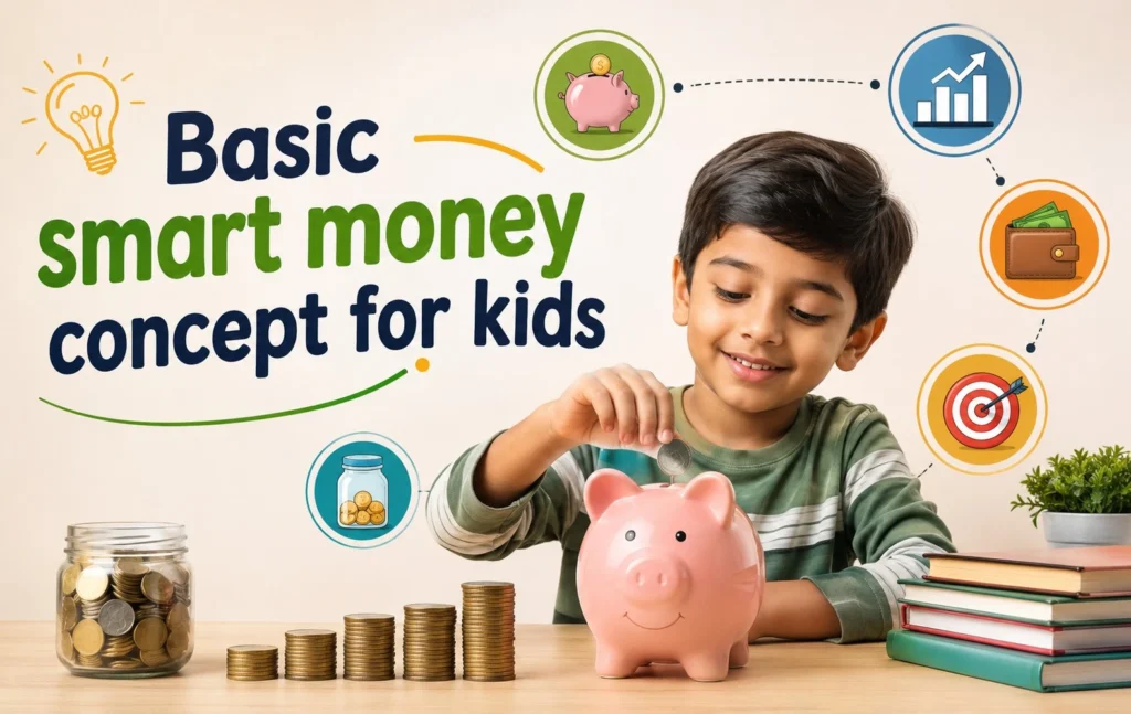 Kids learning the basics of the smart money concept through simple money and trading illustrations