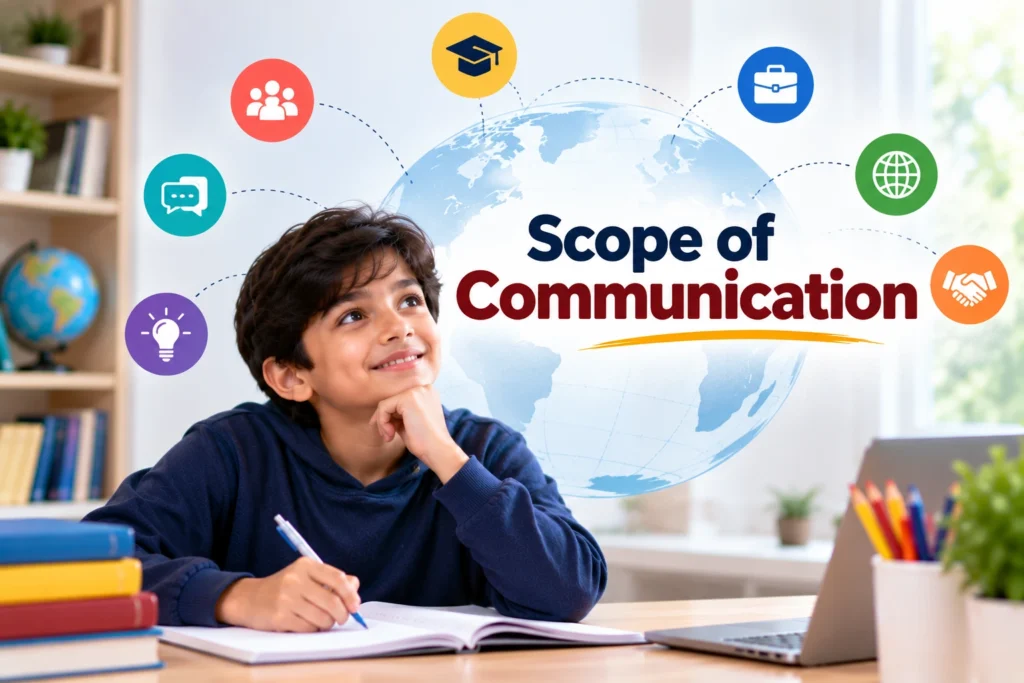 Scope of communication showing how communication connects education, careers, relationships, and global opportunities
