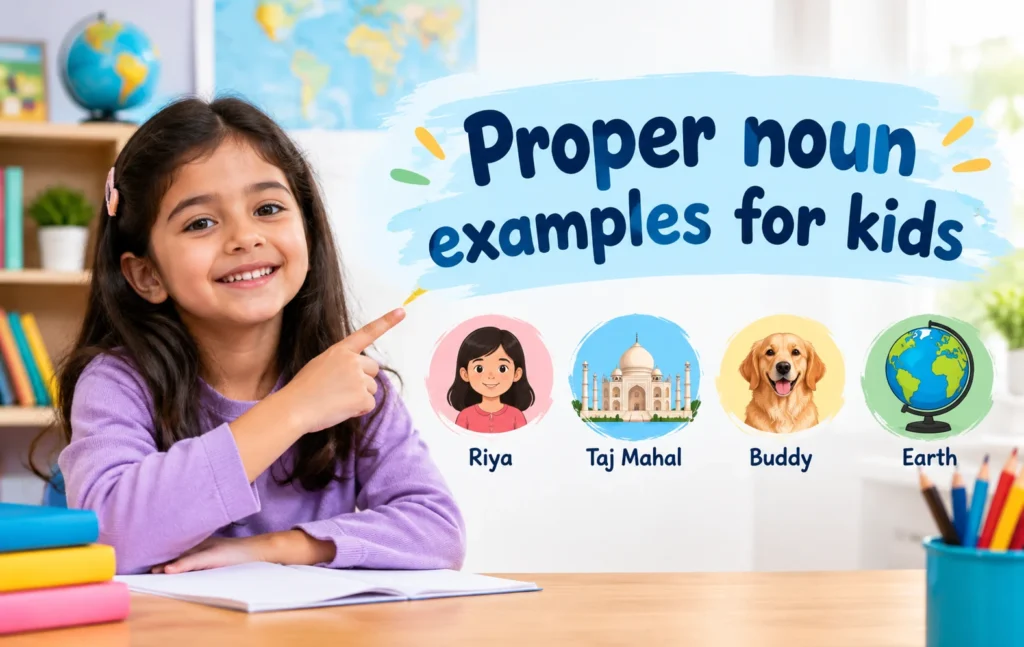 Proper noun examples for kids with a child studying at a desk
