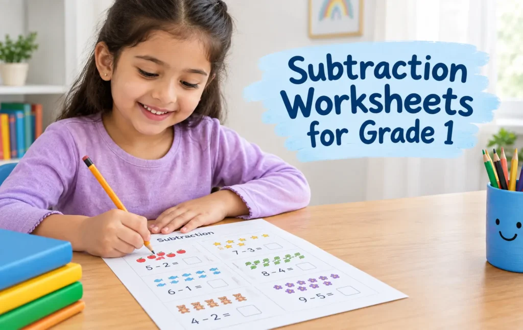 Subtraction worksheets for grade 1 with a child practicing basic math skills at a desk
