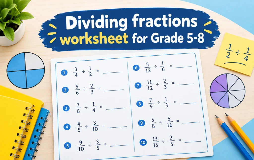 Dividing fractions worksheet for grade 5-8