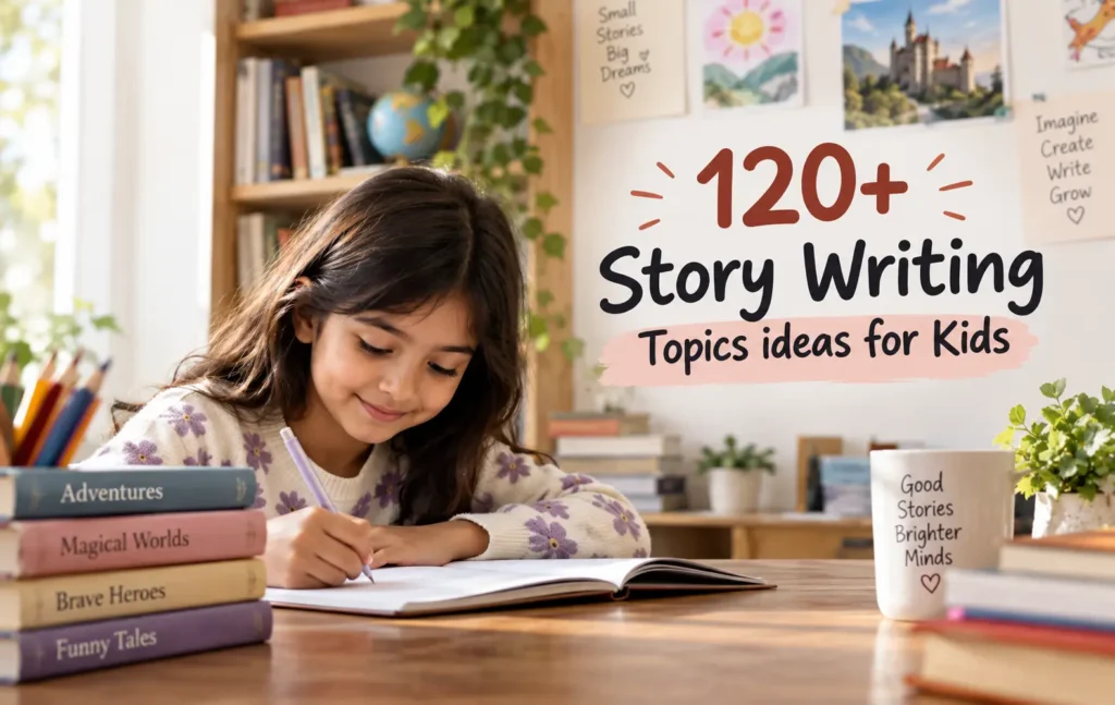 120+ Story Writing Topics Ideas for Kids with a child writing in a notebook