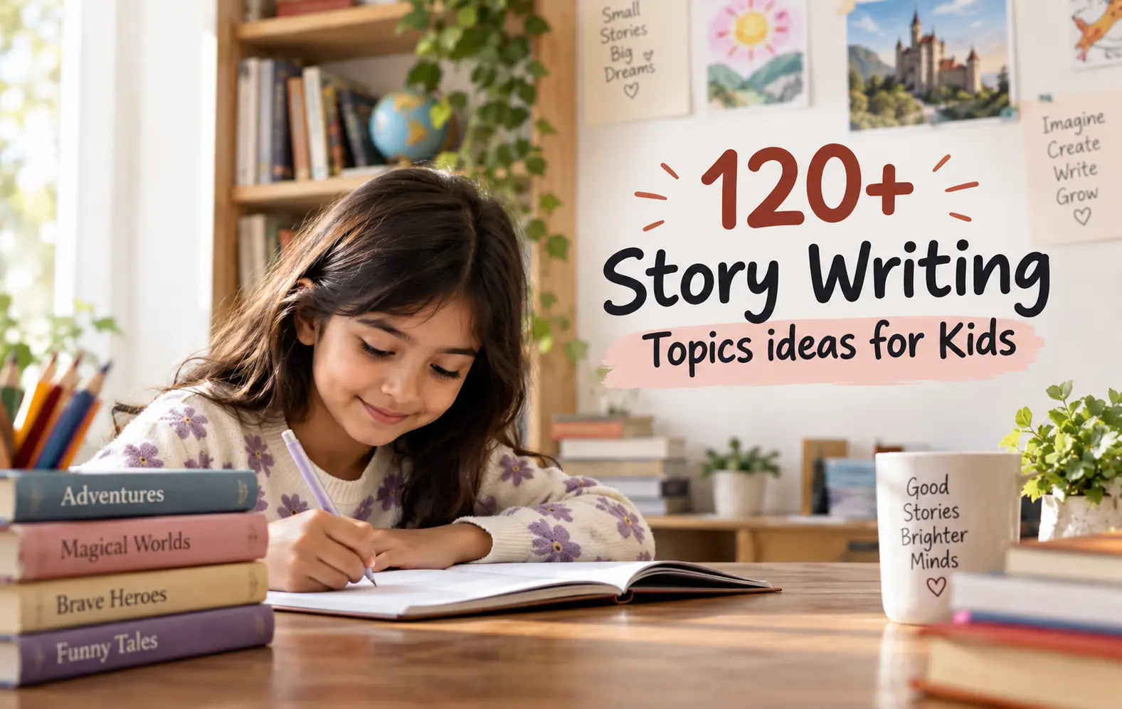 120+ Story Writing Topics Ideas for Kids with a child writing in a notebook