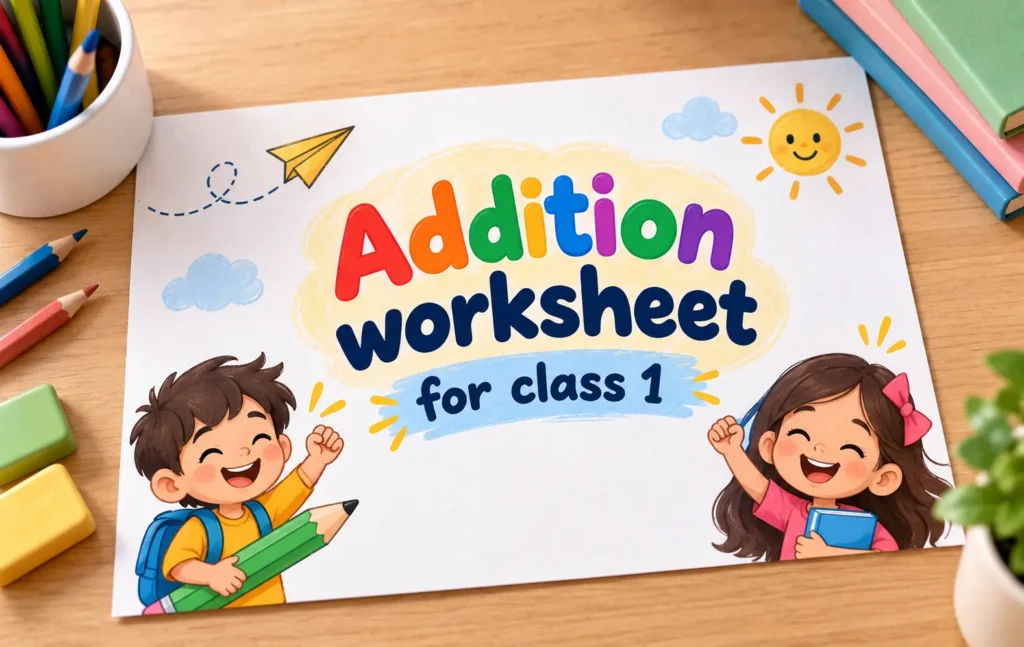Addition worksheet for Class 1 with simple sums and pictures