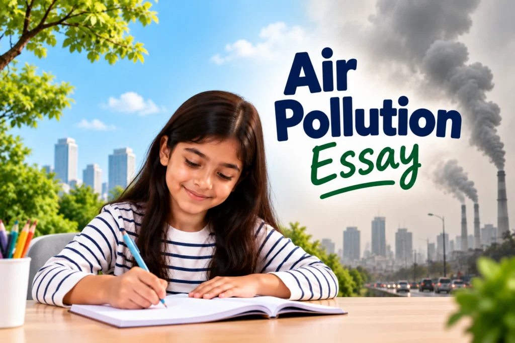 Air pollution essay image showing a student writing about air pollution and its effects on the environment