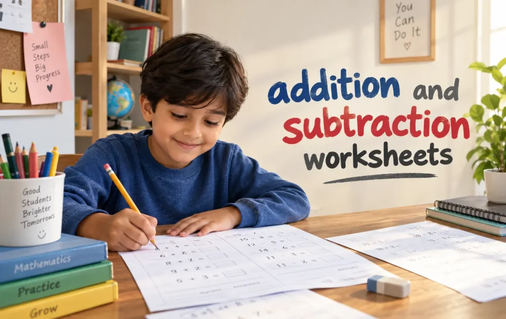 Printable addition and subtraction worksheet with answer key for kids
