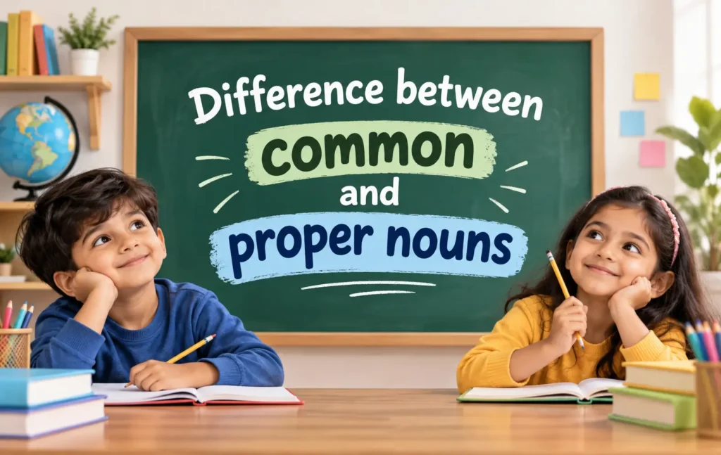 Chart showing the difference between common and proper nouns with examples