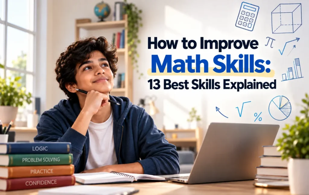 How to Improve Math Skills: 13 Best Skills Explained, featuring a student studying mathematics with books, a laptop, and math concepts.