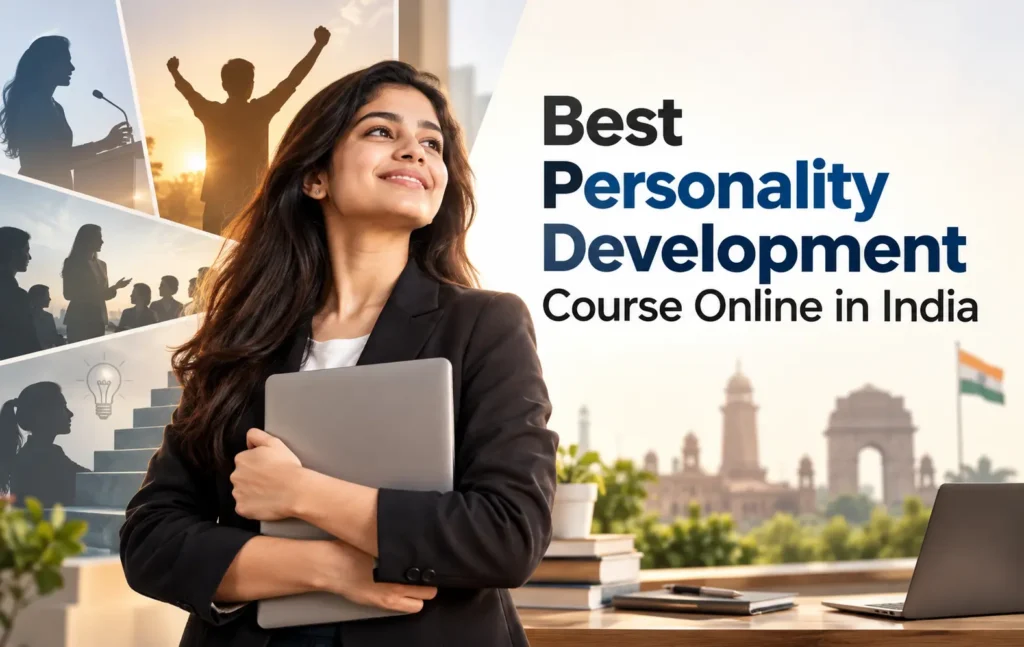Best Personality Development Course Online in India featuring a confident student with a laptop and professional learning visuals.