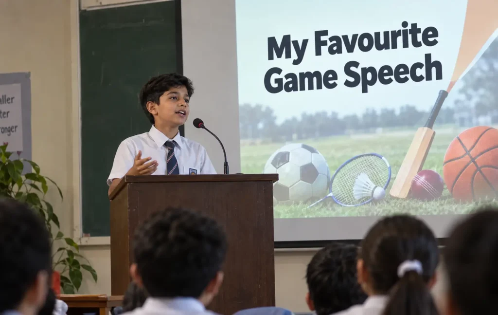 My Favourite Game speech by a school student presenting sports-themed content in a classroom.