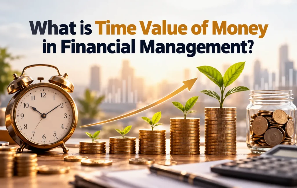 What is Time Value of Money in Financial Management? featuring a clock, growing stacks of coins, plants, and an upward financial growth arrow.