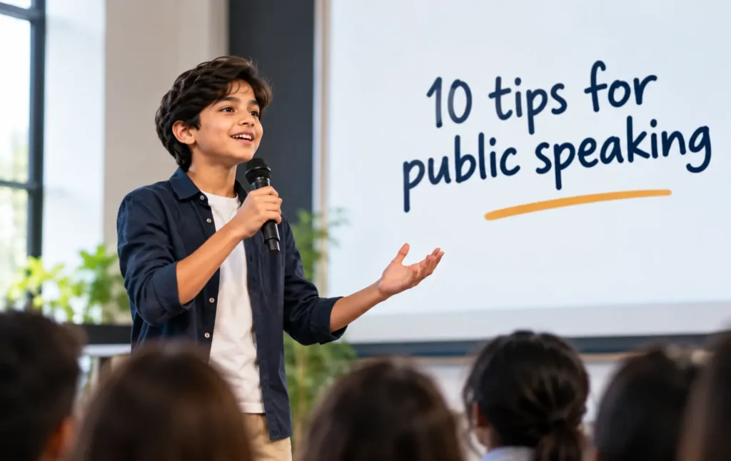 A young student confidently speaking into a microphone while presenting to an audience, with the text “10 tips for public speaking” displayed behind him.