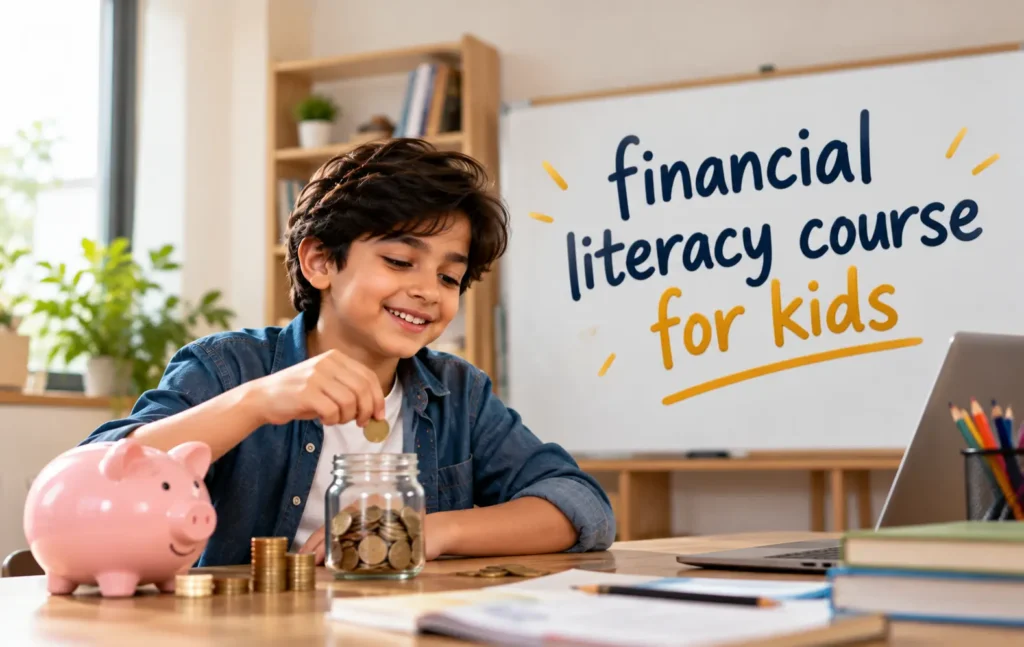 A young boy learning about money at a desk with a piggy bank, coins, savings jar, and laptop, with the text “financial literacy course for kids” in the background.