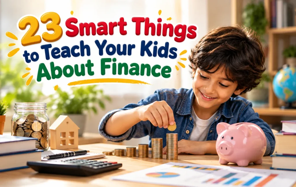 Kids learning essential financial concepts through saving, spending, budgeting, and money management activities.