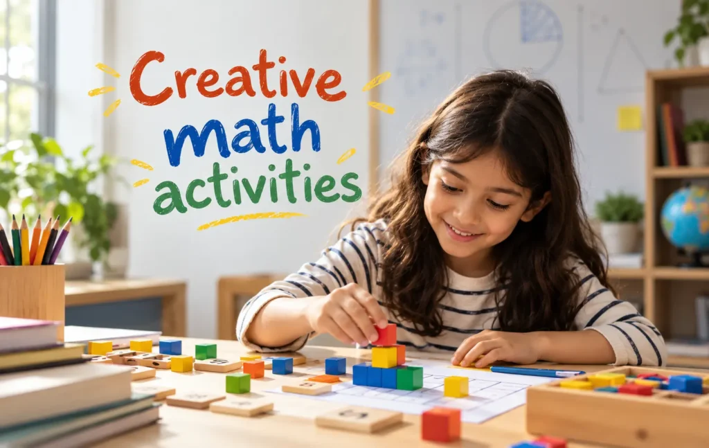 Creative math activities for kids using colorful blocks, number tiles, and hands-on learning materials.