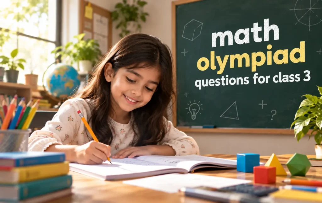 Math Olympiad questions for Class 3 featuring a young student solving mathematics problems in a bright classroom setting.