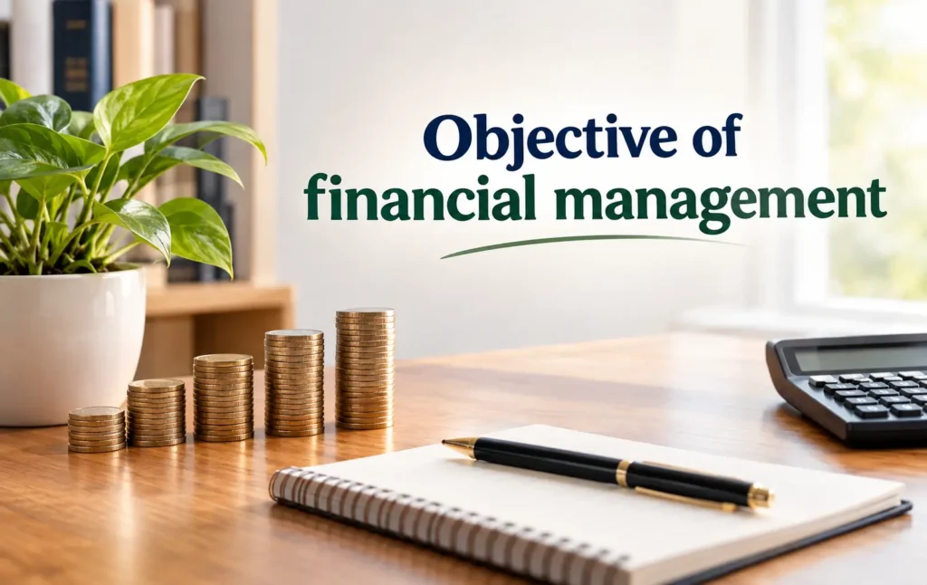 Objective of financial management displayed on a professional office desk with rising stacks of coins, a calculator, notebook, pen, and green plant.
