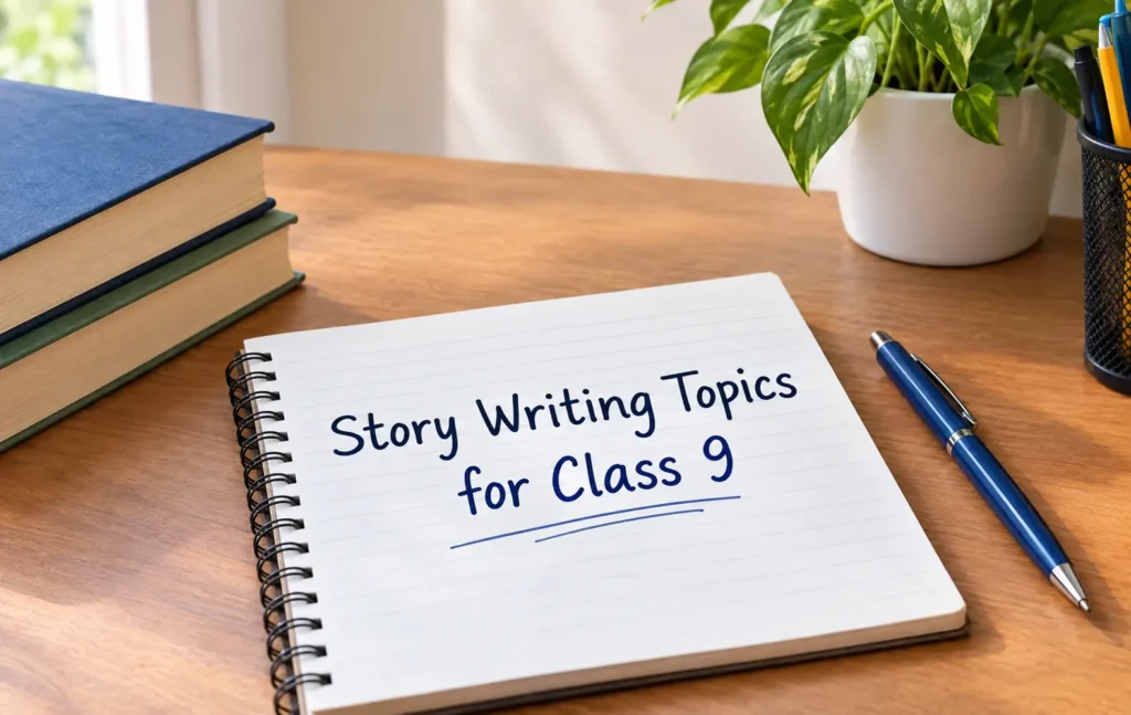 Story writing topics for class 9 displayed in a notebook on a study desk with books and a pen.