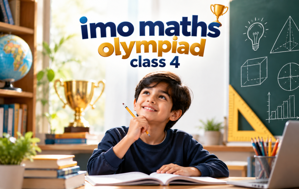 IMO Maths Olympiad Class 4 with a young student solving mathematics problems in a bright, natural study environment.