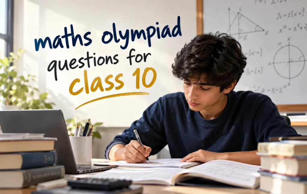Maths Olympiad questions for Class 10 featuring a student solving challenging mathematics problems with geometry and equations in the background.