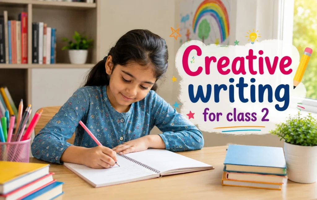 A colorful illustration of a young girl writing in a notebook at a desk, surrounded by books, pencils, a castle, rocket, planets, clouds, and stars, with the title “creative writing for class 2.”