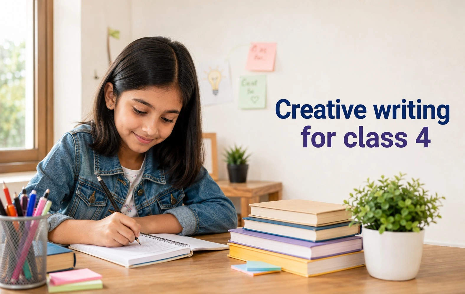 A colorful educational illustration of a Class 4 student writing creatively in a notebook, surrounded by books, pencils, stars, planets, and imaginative story elements.