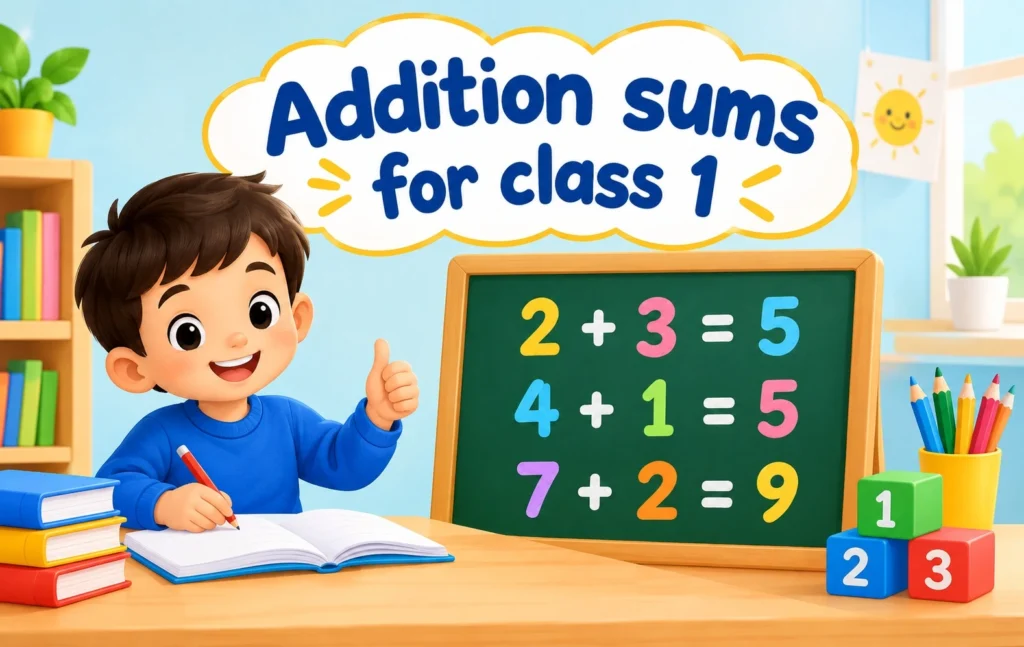 Addition sums for class 1 with simple math problems and practice worksheets