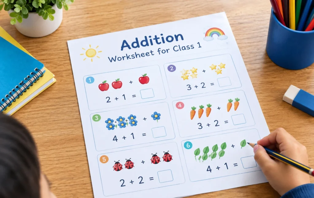 Addition worksheet for class 1 with simple addition problems and practice exercises