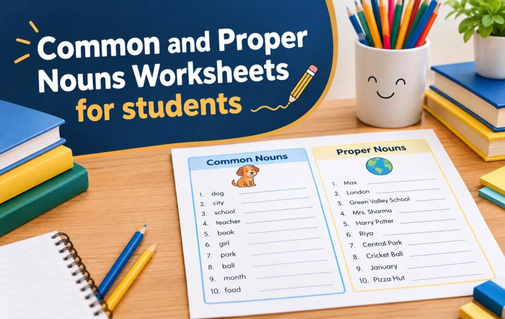 Common and proper nouns worksheets for students with grammar exercises and examples